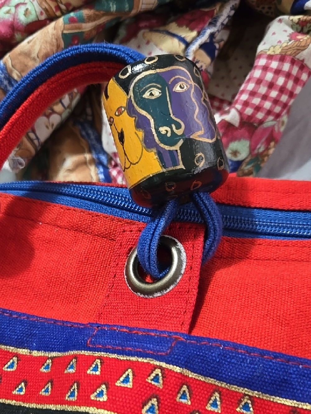 Laurel Burch Red and Blue Canvas Tote with Artistic Bead Detail
